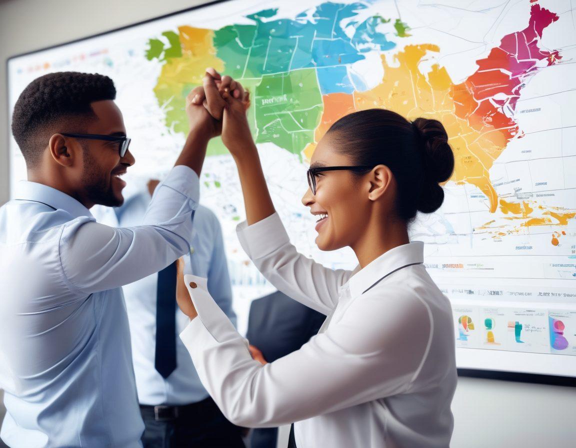 A diverse group of people collaborating around a large digital map of the insurance marketplace, highlighting various coverage options with colorful icons representing different categories. Charts and graphs depicting competitive premiums and benefits are in the background. The atmosphere is vibrant and energetic, reflecting teamwork and empowerment. super-realistic. vibrant colors. 3D.