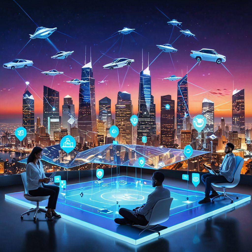 A futuristic scene depicting a diverse group of people engaging with digital devices displaying insurance options, surrounded by floating icons representing coverage benefits like health, travel, and auto. The background features a sprawling city skyline with holographic elements, symbolizing innovation and accessibility. Bright, uplifting colors to instill a sense of hope and technological advancement. super-realistic. vibrant colors. 3D.